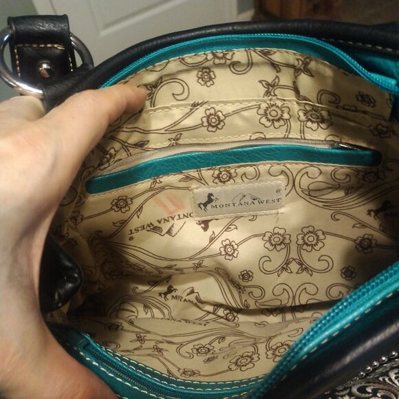 Montana West Womens Blue Conceal Carry Handbag Purse Rhinestone Buckle Studs EUC - Picture 12 of 16